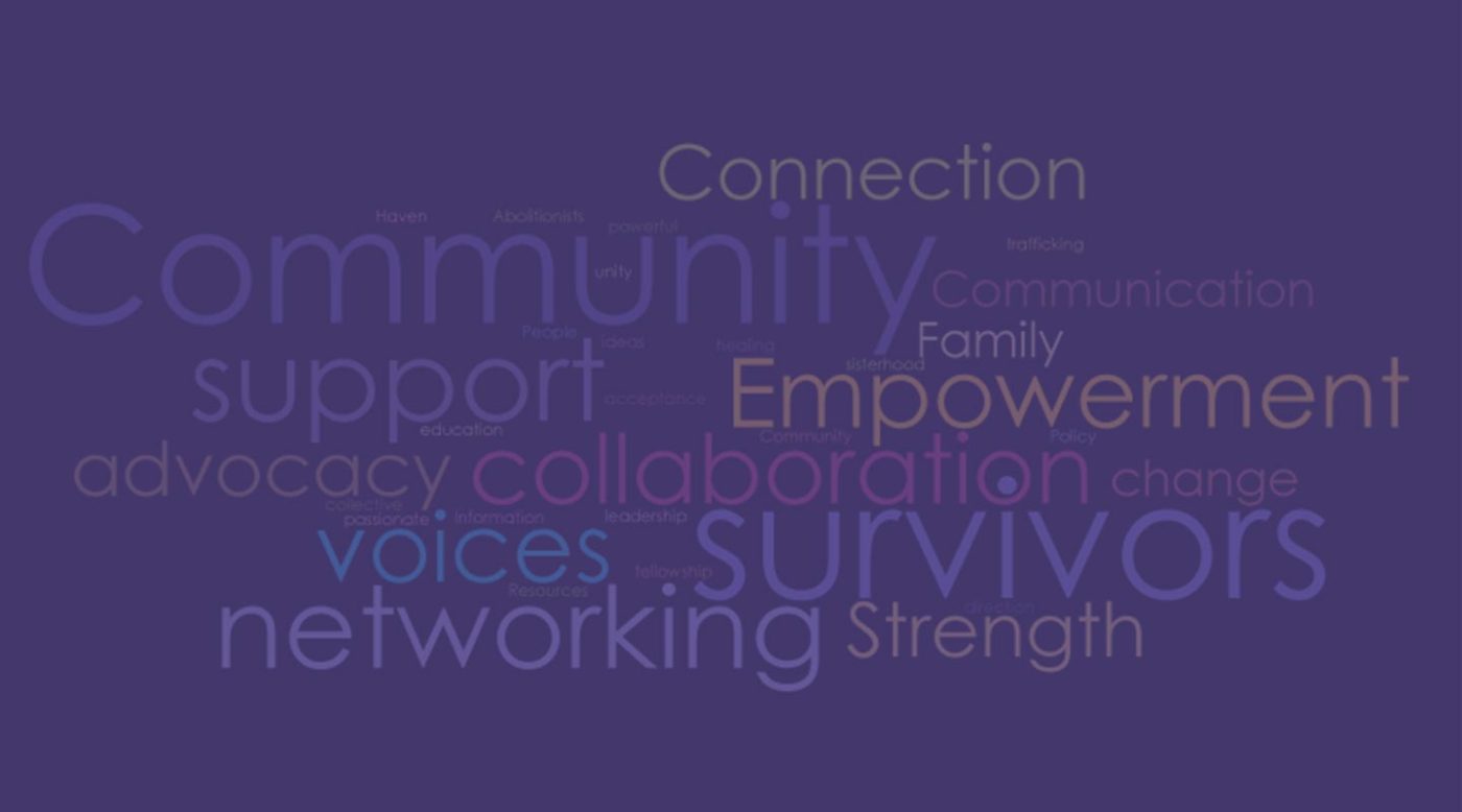 Image shows a word cloud that includes words like Community, empowerment, strength, and collaboration.