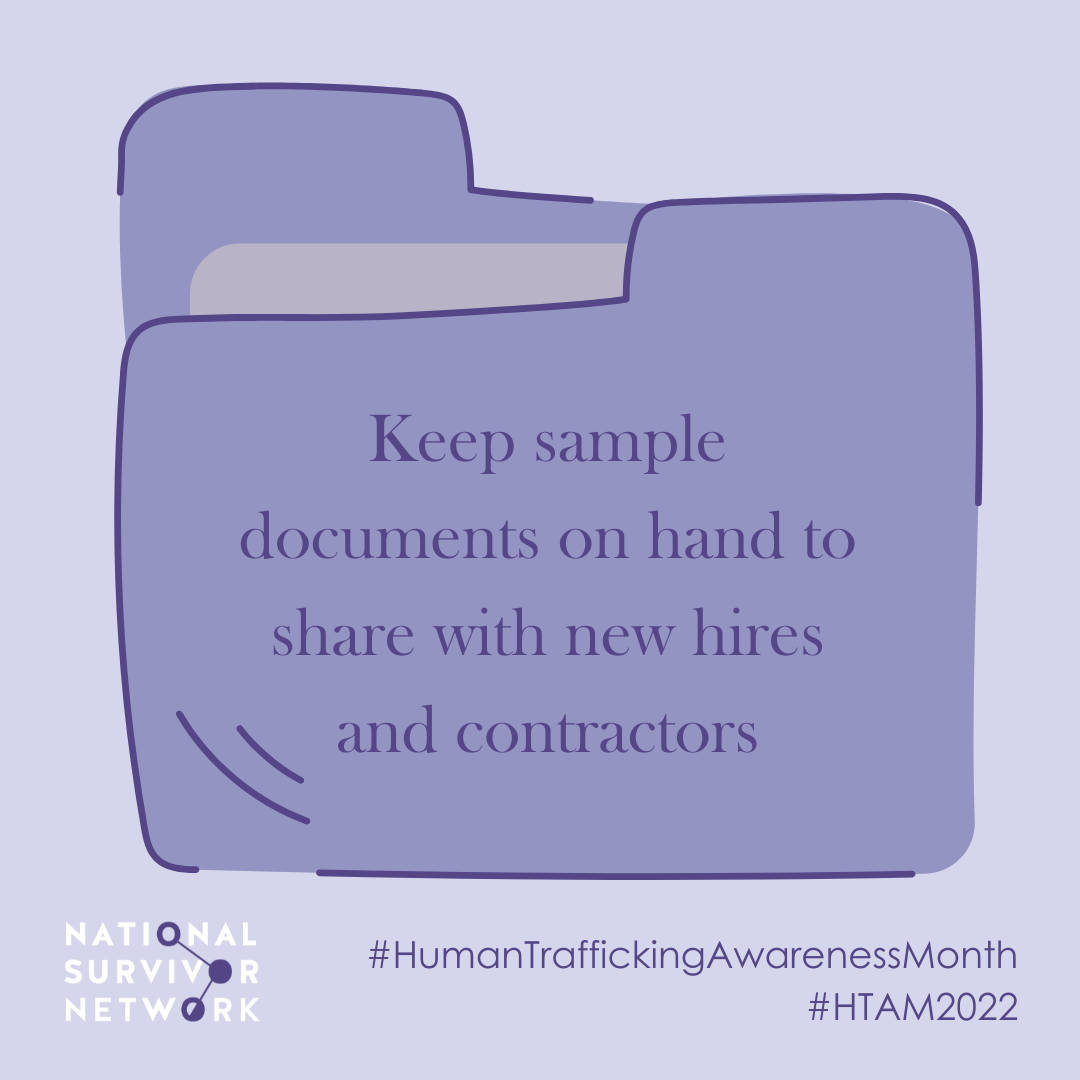 Square image with NSN logo that includes Human Trafficking Awareness Month hashtags. A file folder has text on it that says: "Keep sample documents on hand to share with new hires and contractors."