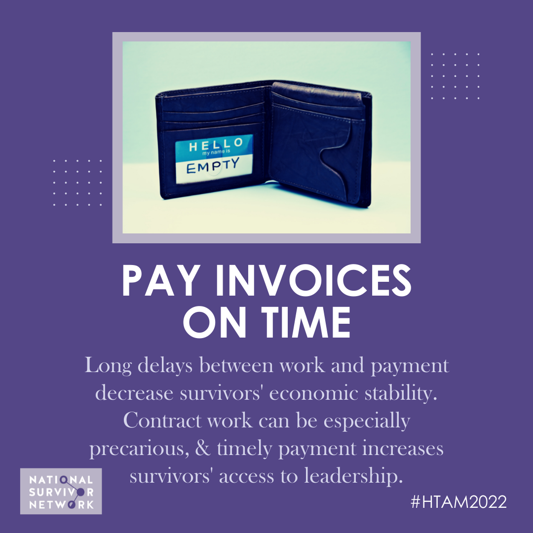 Square image with NSN logo that includes Human Trafficking Awareness Month hashtags. A picture of a wallet is shown, and the wallet has an ID inside it that says 'HELLO, my name is Empty.' Text says: "Pay invoices on time. Long delays between work and payment decrease survivors' economic stability. Contract work can be especially precarious, and timely payment increase survivors' access to leadership."